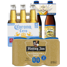 Hertog Jan 0.0%, Corona Cero 0.0%, Leffe blond 0.0% of Tripel Karmeliet 0.4%